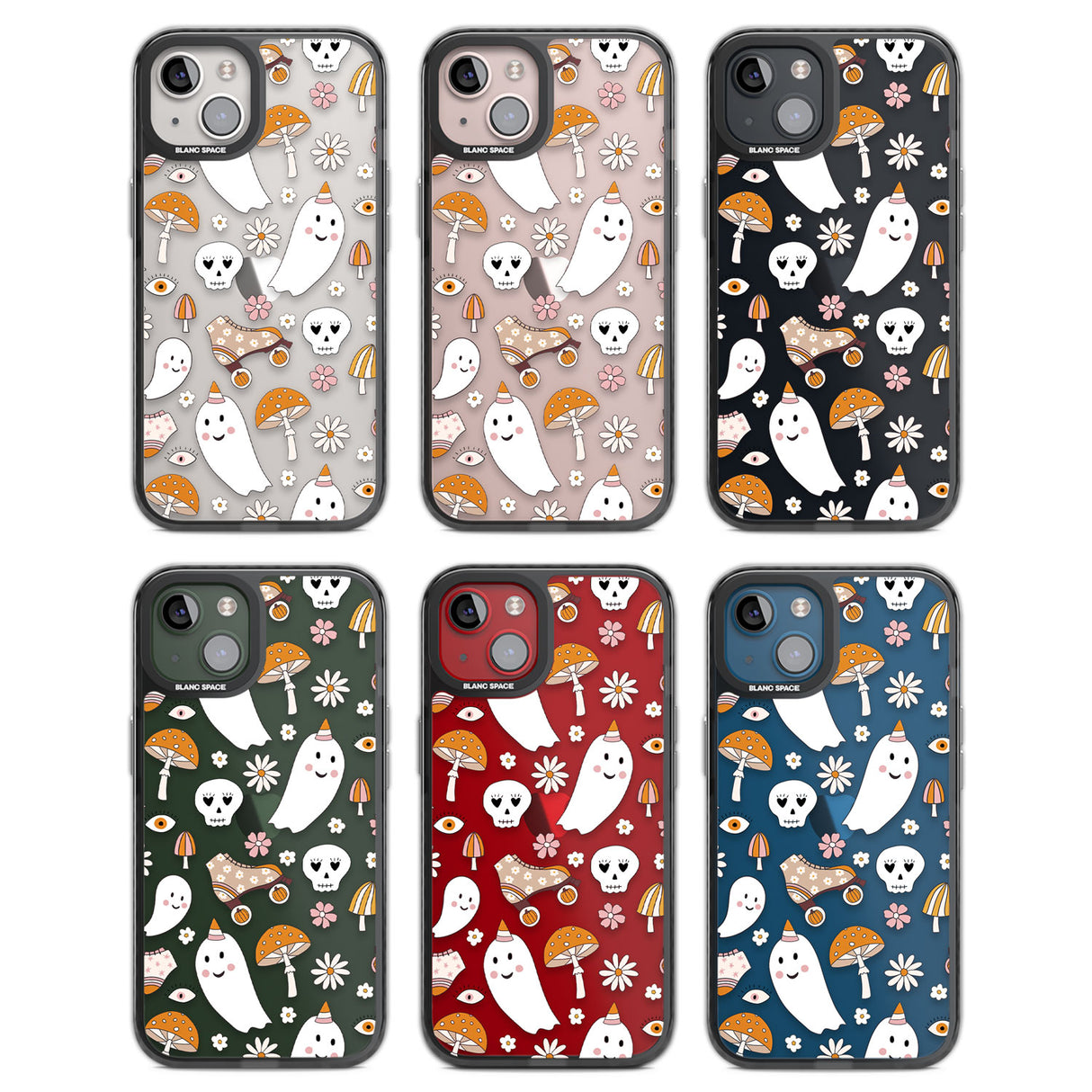 Cute Ghost and Skulls Pattern Black Impact Phone Case for iPhone 13, iPhone 14, iPhone 15