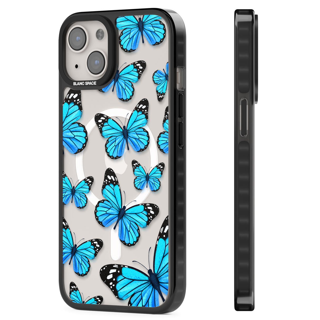 Blue Butterflies Magsafe Black Impact Phone Case for iPhone 13, iPhone 14, iPhone 15