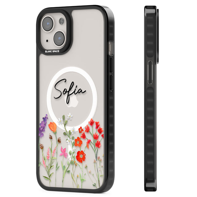 Personalised Spring Wildflowers Magsafe Black Impact Phone Case for iPhone 13, iPhone 14, iPhone 15