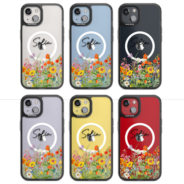 Personalised Summer Wildflowers Magsafe Black Impact Phone Case for iPhone 13, iPhone 14, iPhone 15