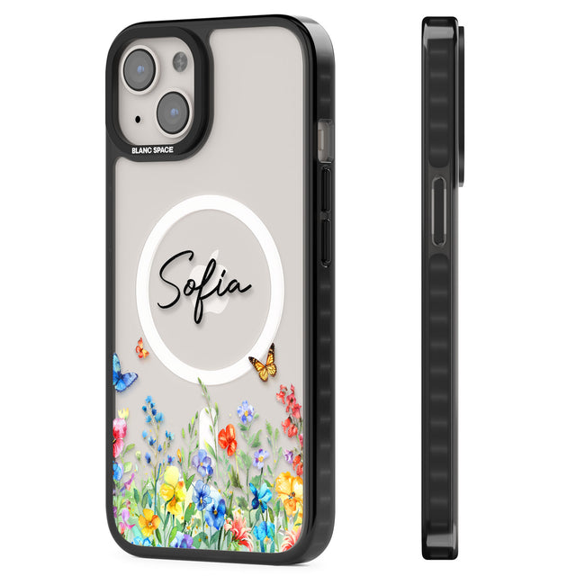 Personalised Buterflies & Wildflowers Magsafe Black Impact Phone Case for iPhone 13, iPhone 14, iPhone 15