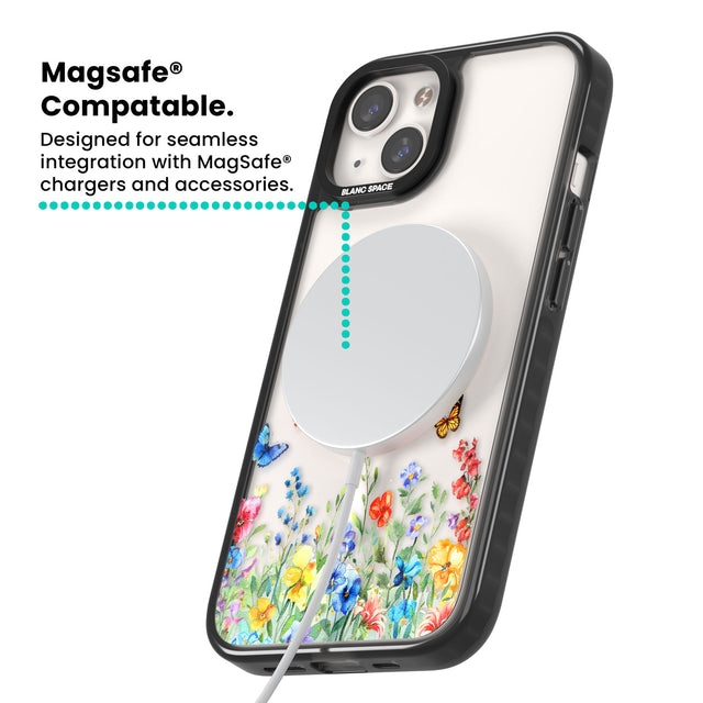 Personalised Buterflies & Wildflowers Magsafe Black Impact Phone Case for iPhone 13, iPhone 14, iPhone 15