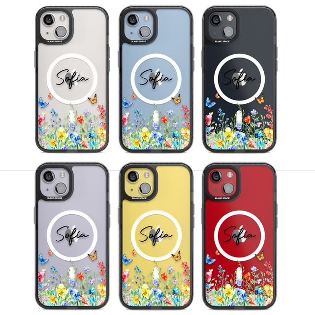 Personalised Buterflies & Wildflowers Magsafe Black Impact Phone Case for iPhone 13, iPhone 14, iPhone 15