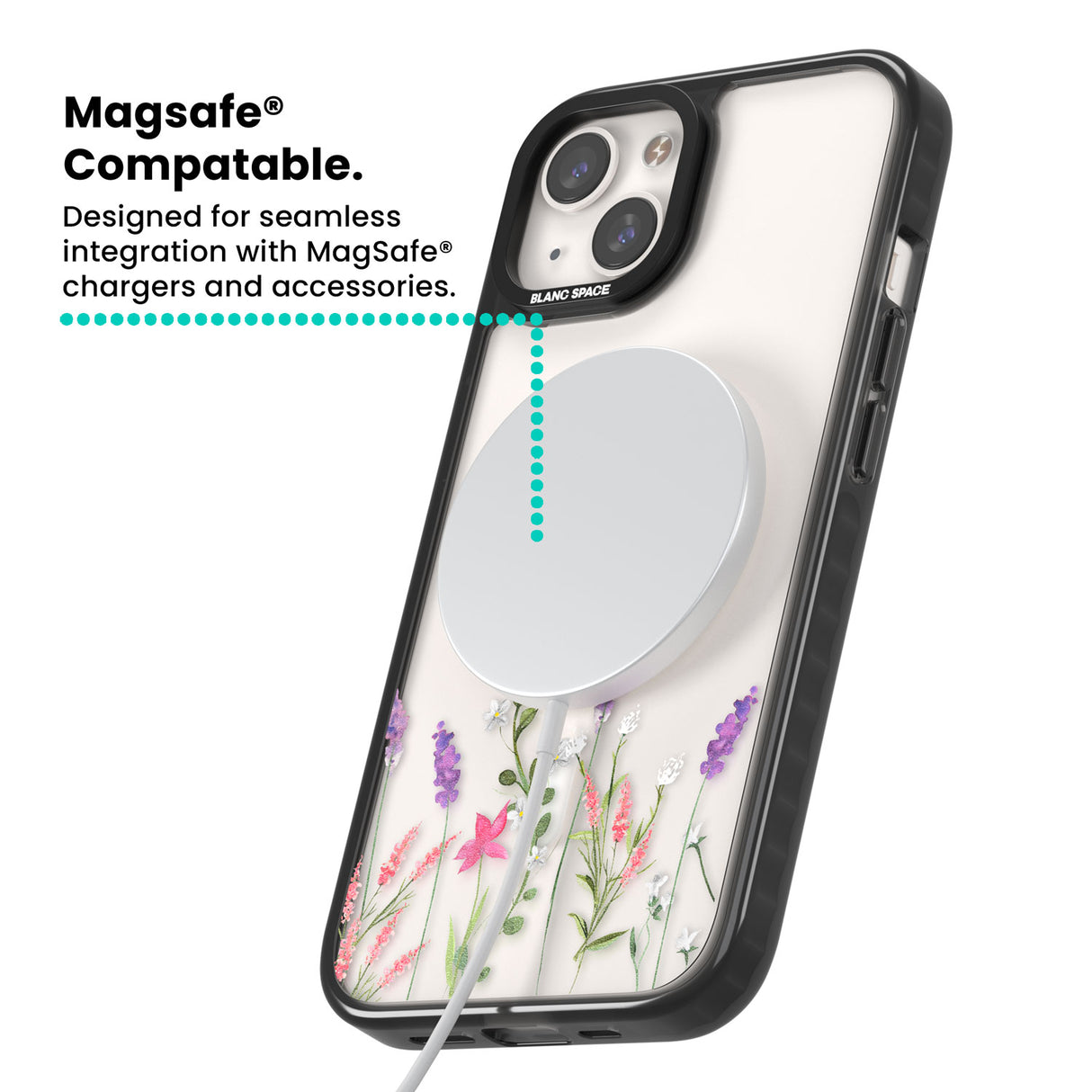 Personalised Lavender Wildflowers Magsafe Black Impact Phone Case for iPhone 13, iPhone 14, iPhone 15