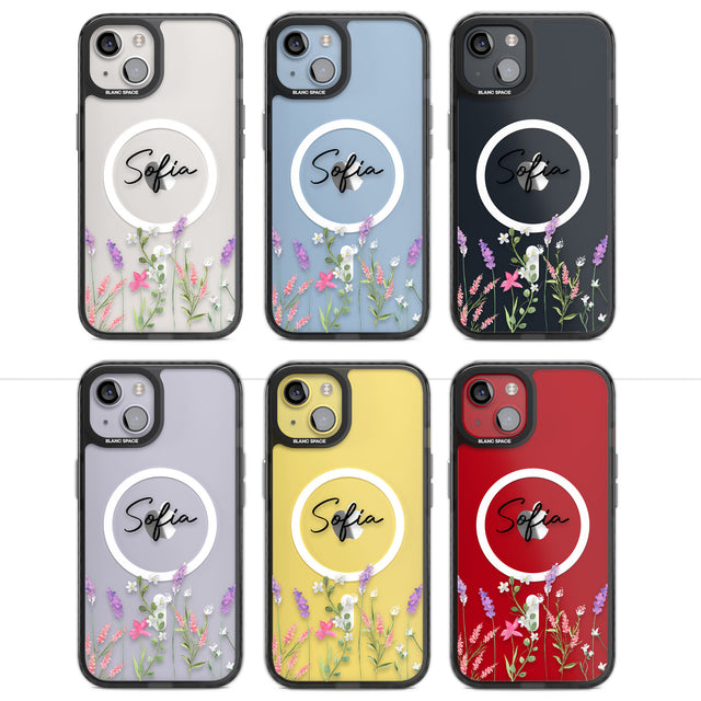 Personalised Lavender Wildflowers Magsafe Black Impact Phone Case for iPhone 13, iPhone 14, iPhone 15