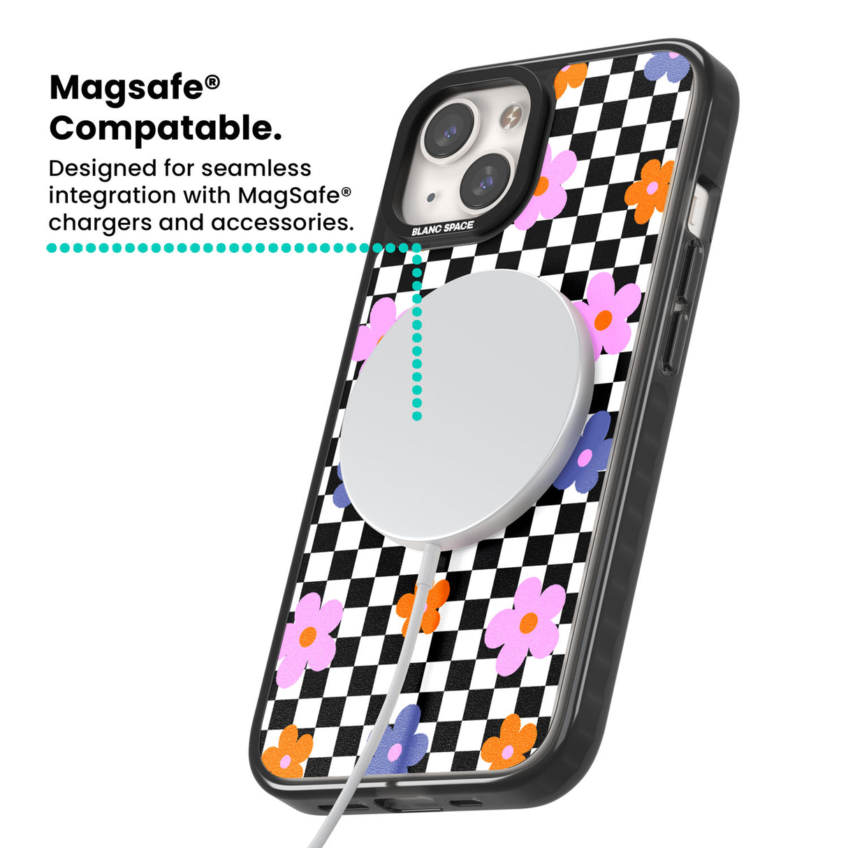 Checkered Blossom Magsafe Black Impact Phone Case for iPhone 13, iPhone 14, iPhone 15