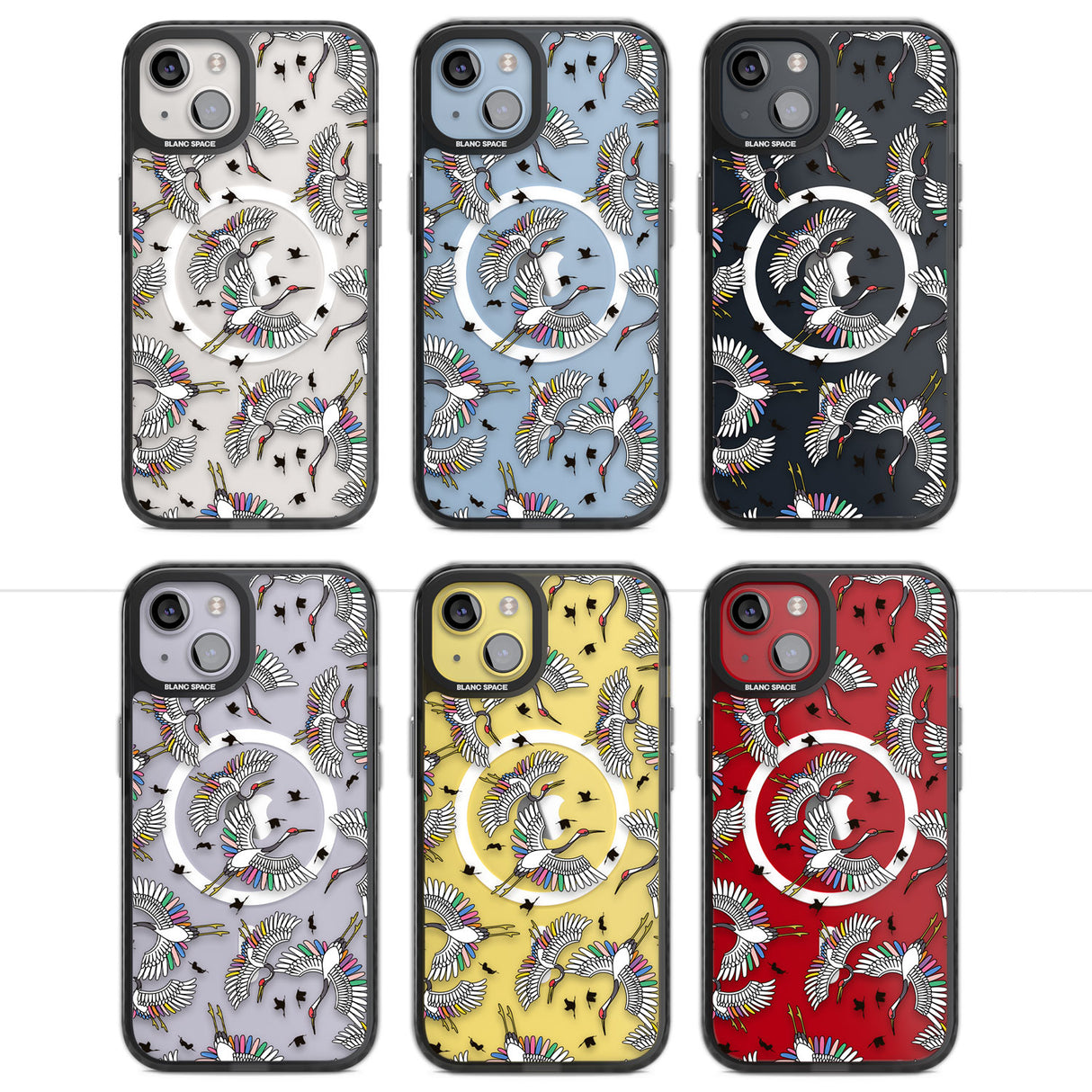 Colourful Crane Pattern Magsafe Black Impact Phone Case for iPhone 13, iPhone 14, iPhone 15