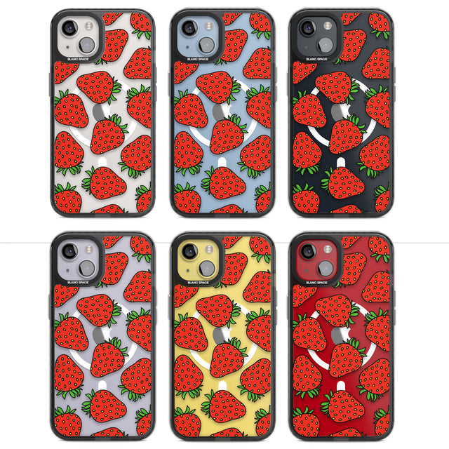 Strawberry Pattern Magsafe Black Impact Phone Case for iPhone 13, iPhone 14, iPhone 15