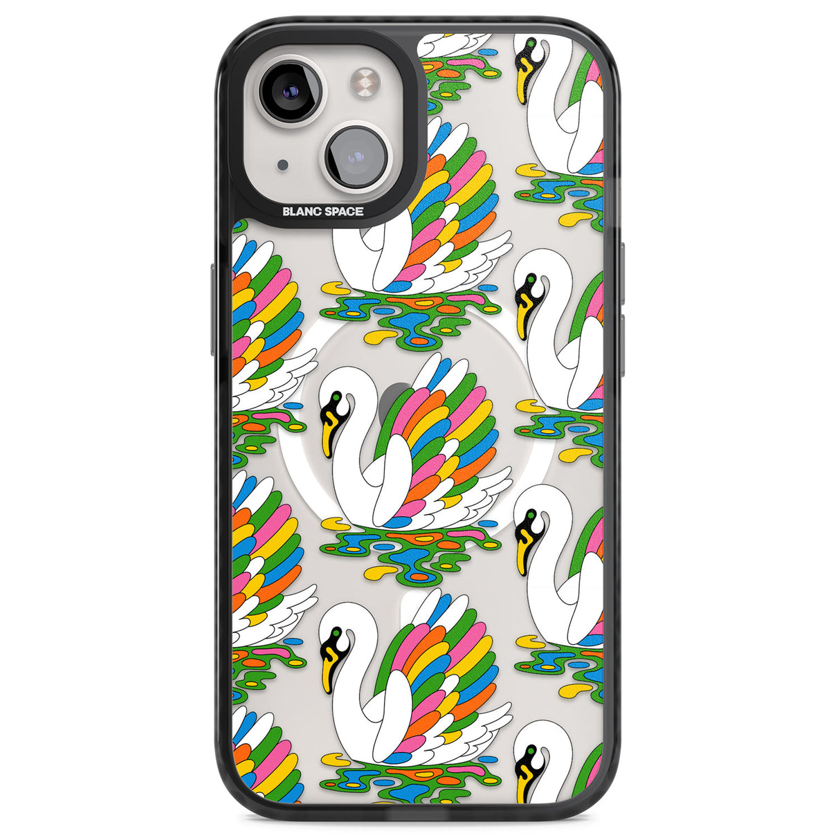 Colourful Swan Pattern Magsafe Black Impact Phone Case for iPhone 13, iPhone 14, iPhone 15