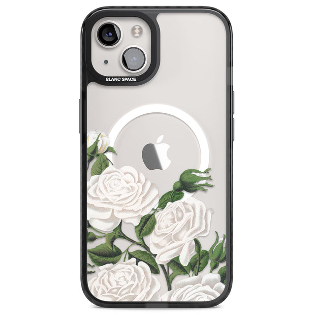 White Vintage Painted Flowers Magsafe Black Impact Phone Case for iPhone 13, iPhone 14, iPhone 15