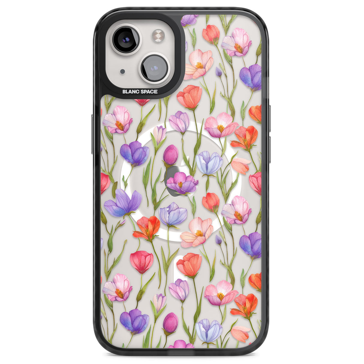 Red, Pink & Purple Flowers Magsafe Black Impact Phone Case for iPhone 13, iPhone 14, iPhone 15