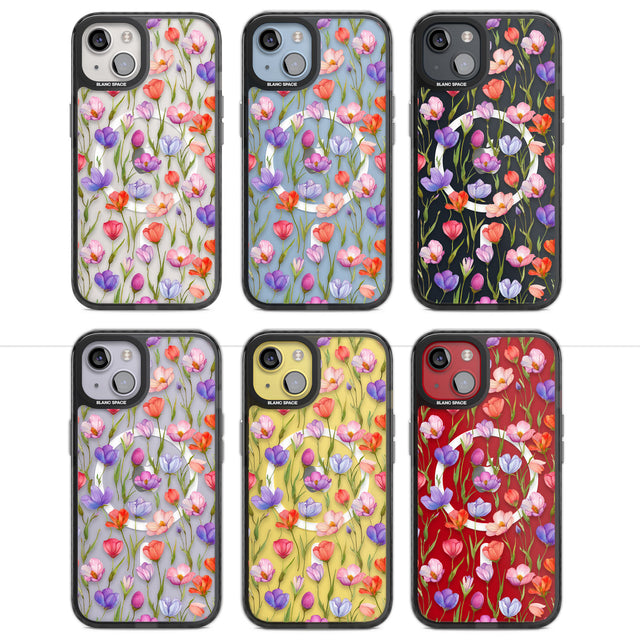 Red, Pink & Purple Flowers Magsafe Black Impact Phone Case for iPhone 13, iPhone 14, iPhone 15