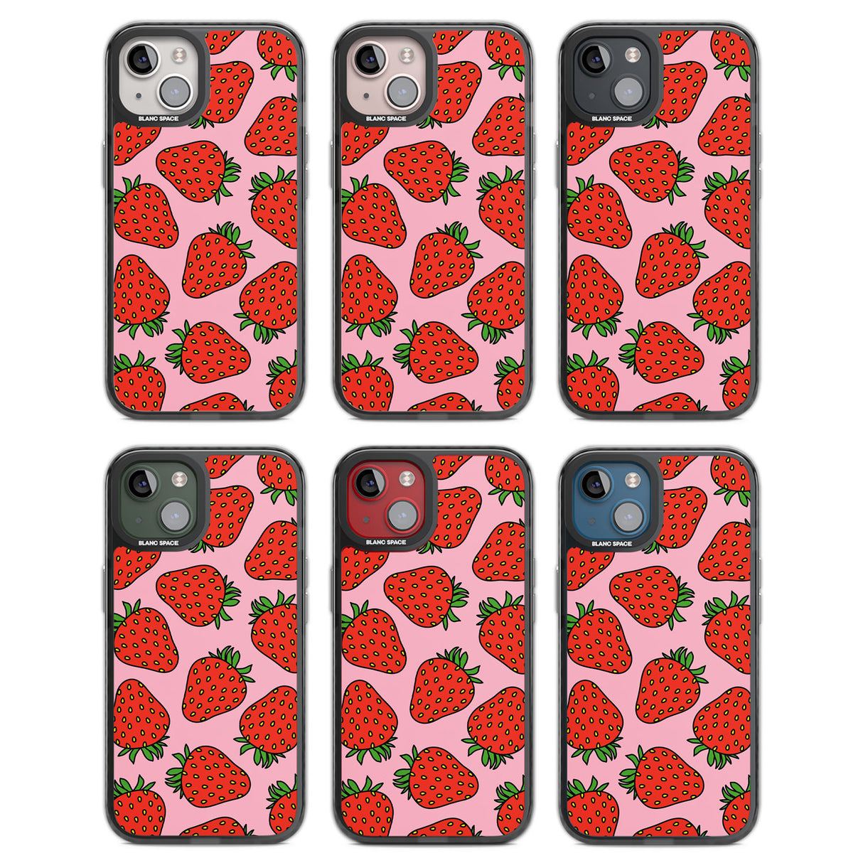 Strawberry Pattern (Pink) Black Impact Phone Case for iPhone 13, iPhone 14, iPhone 15