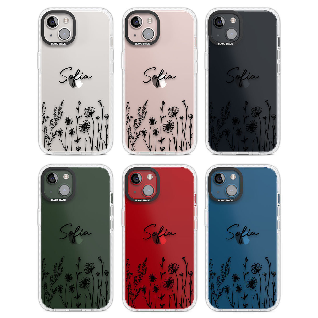 Personalised Black Wildflowers Clear Impact Phone Case for iPhone 13, iPhone 14, iPhone 15