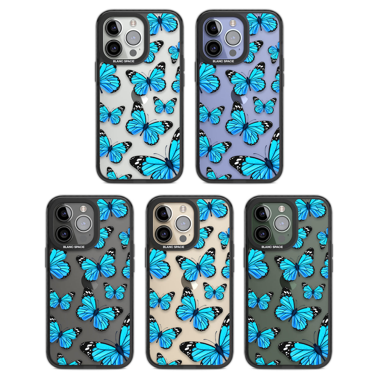 Blue Butterflies Black Impact Phone Case for iPhone 13 Pro, iPhone 14 Pro, iPhone 15 Pro