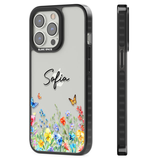 Personalised Buterflies & Wildflowers Black Impact Phone Case for iPhone 13 Pro, iPhone 14 Pro, iPhone 15 Pro