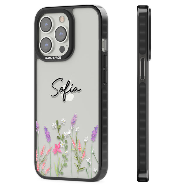 Personalised Lavender Wildflowers Black Impact Phone Case for iPhone 13 Pro, iPhone 14 Pro, iPhone 15 Pro