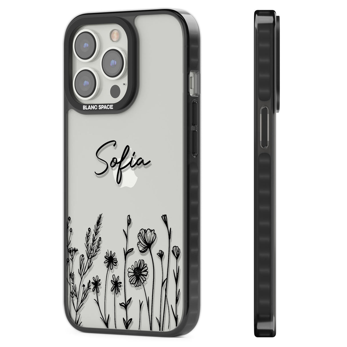 Personalised Black Wildflowers Black Impact Phone Case for iPhone 13 Pro, iPhone 14 Pro, iPhone 15 Pro