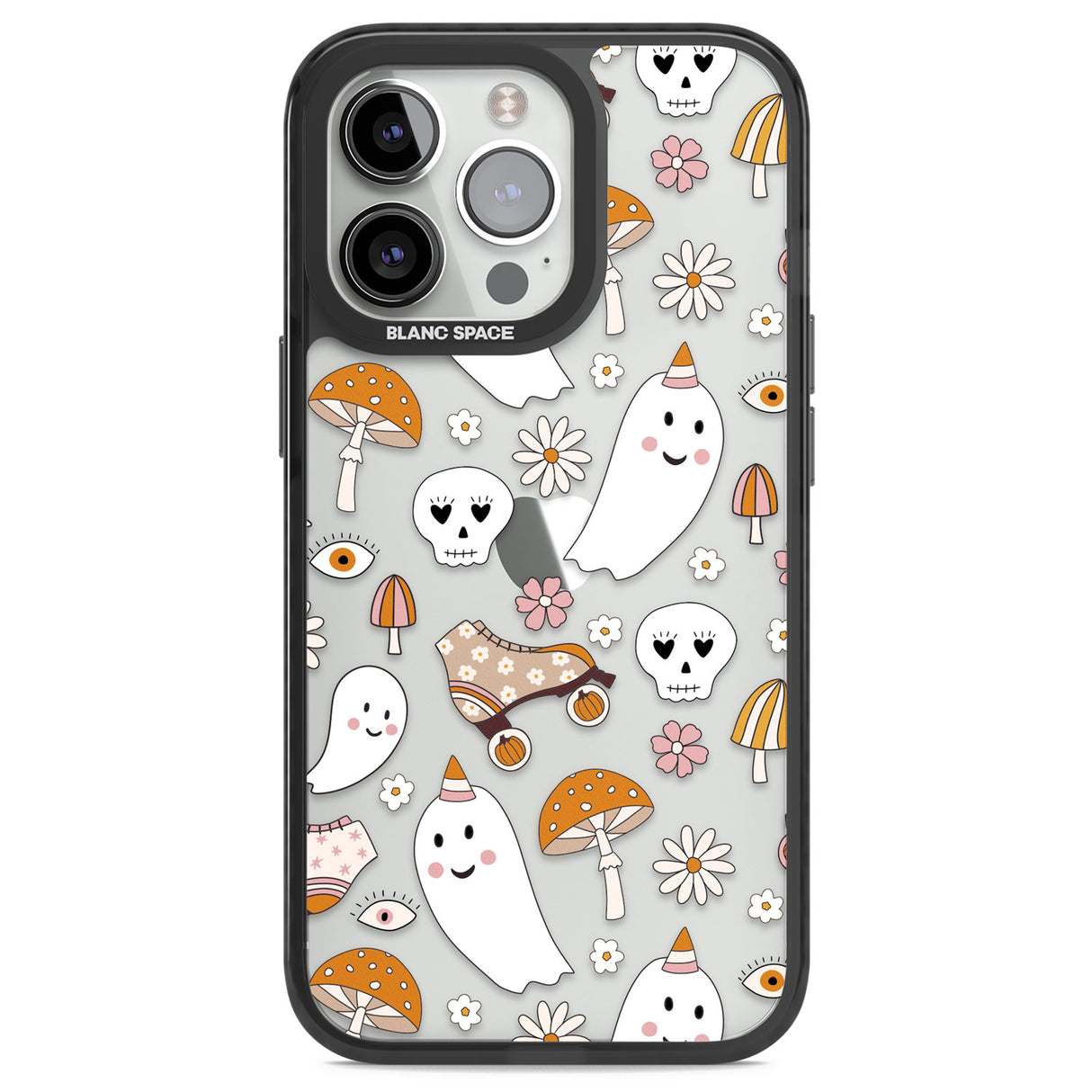 Cute Ghost and Skulls Pattern Black Impact Phone Case for iPhone 13 Pro, iPhone 14 Pro, iPhone 15 Pro