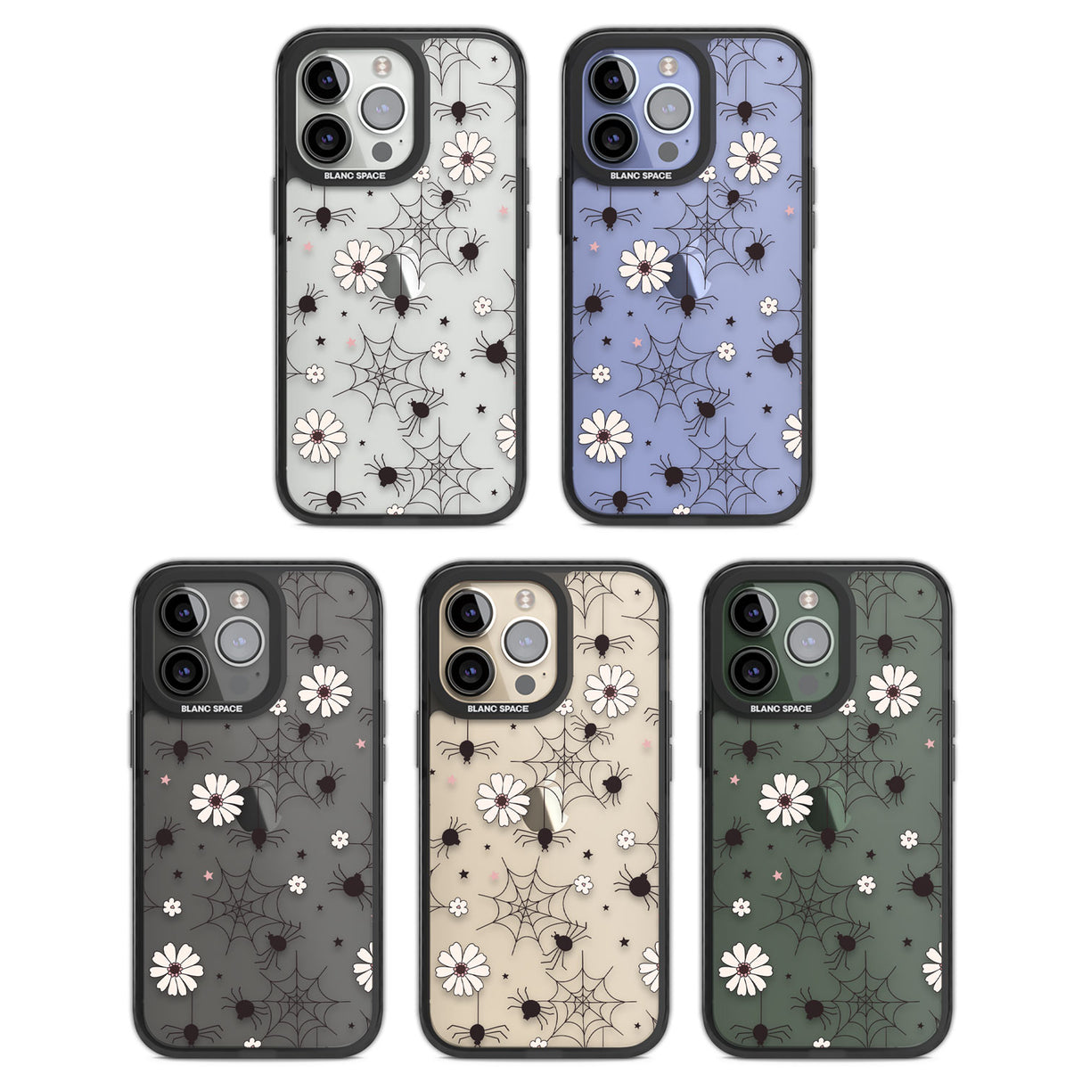 Spiders and Flowers Pattern Black Impact Phone Case for iPhone 13 Pro, iPhone 14 Pro, iPhone 15 Pro