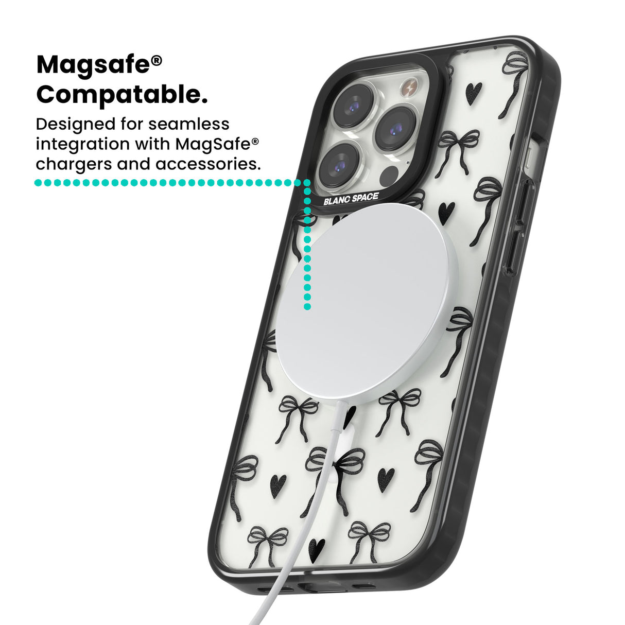 Black Bows & Hearts Magsafe Black Impact Phone Case for iPhone 13 Pro, iPhone 14 Pro, iPhone 15 Pro