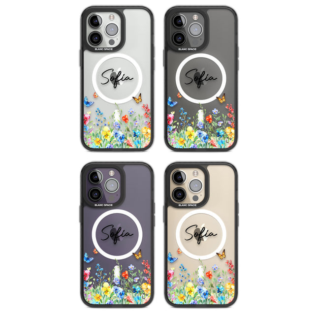 Personalised Buterflies & Wildflowers Magsafe Black Impact Phone Case for iPhone 13 Pro, iPhone 14 Pro, iPhone 15 Pro