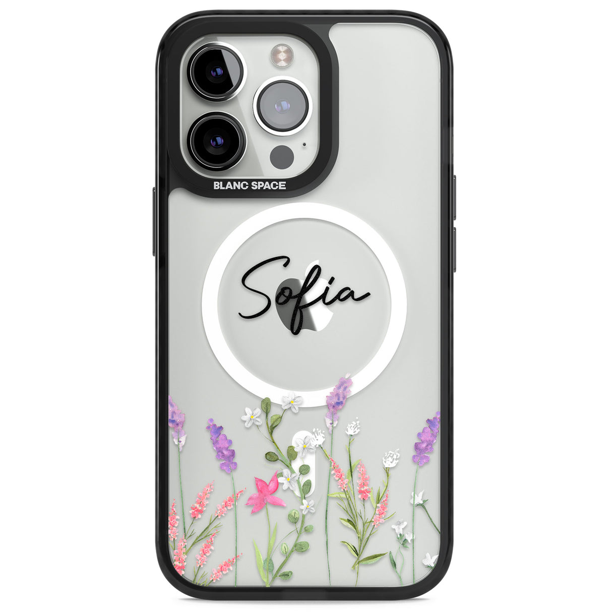 Personalised Lavender Wildflowers Magsafe Black Impact Phone Case for iPhone 13 Pro, iPhone 14 Pro, iPhone 15 Pro