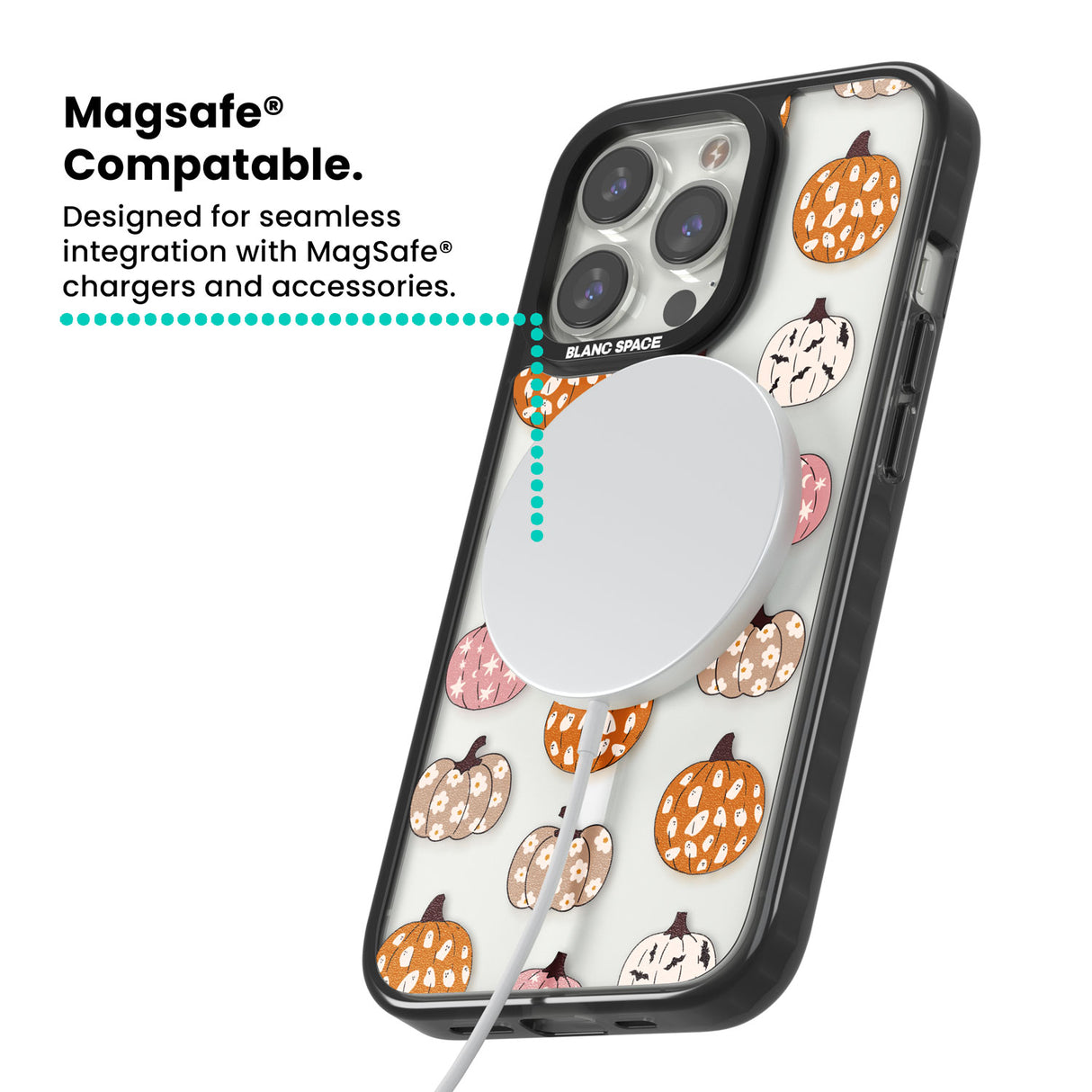 Floral Pumpkins Magsafe Black Impact Phone Case for iPhone 13 Pro, iPhone 14 Pro, iPhone 15 Pro