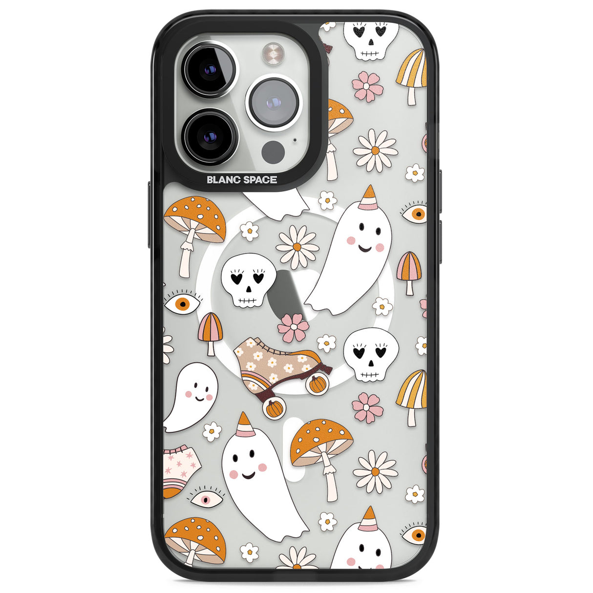 Cute Ghost and Skulls Pattern Magsafe Black Impact Phone Case for iPhone 13 Pro, iPhone 14 Pro, iPhone 15 Pro