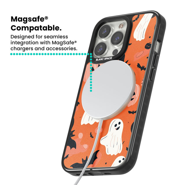 Orange Halloween Pattern Magsafe Black Impact Phone Case for iPhone 13 Pro, iPhone 14 Pro, iPhone 15 Pro