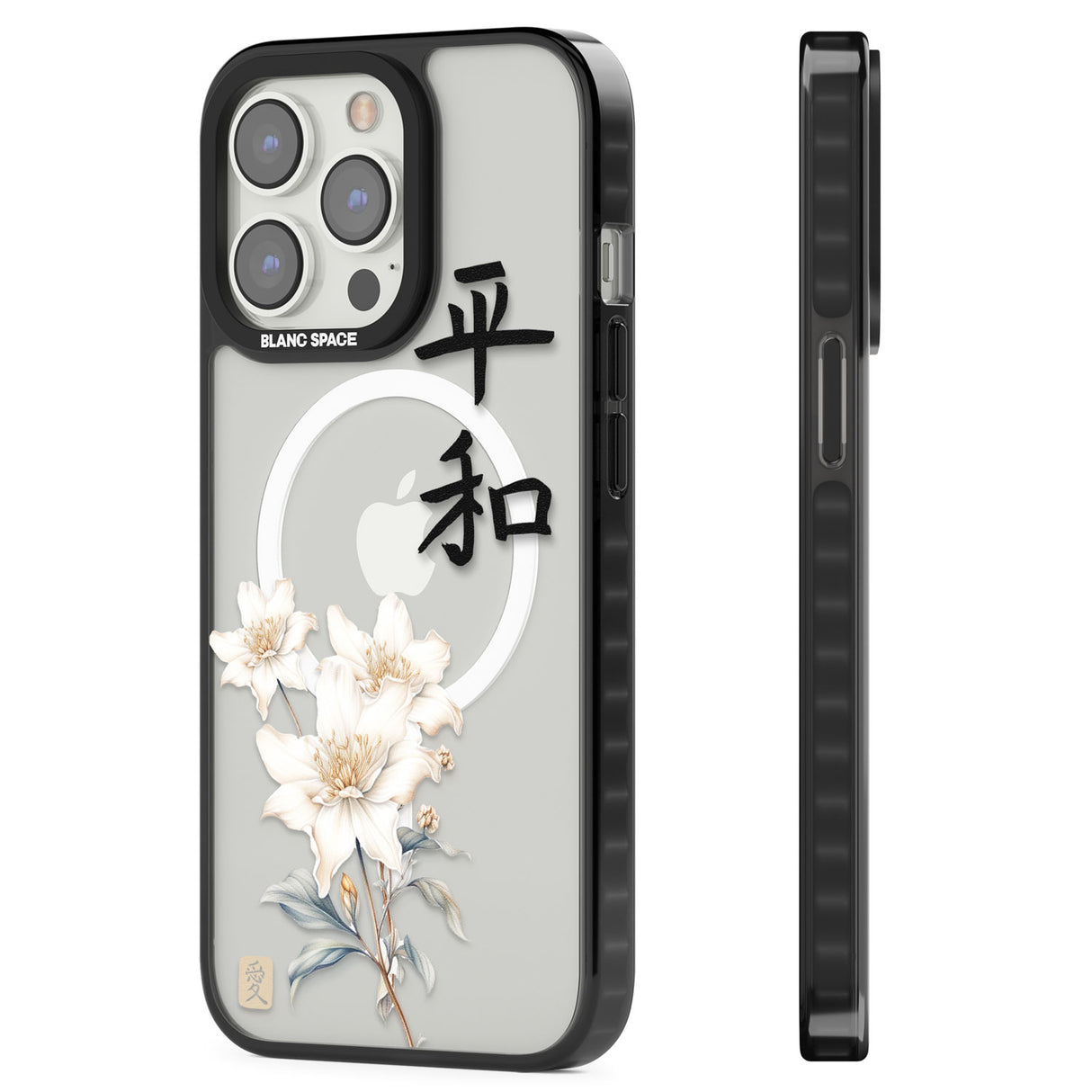 Peace and Flowers Magsafe Black Impact Phone Case for iPhone 13 Pro, iPhone 14 Pro, iPhone 15 Pro