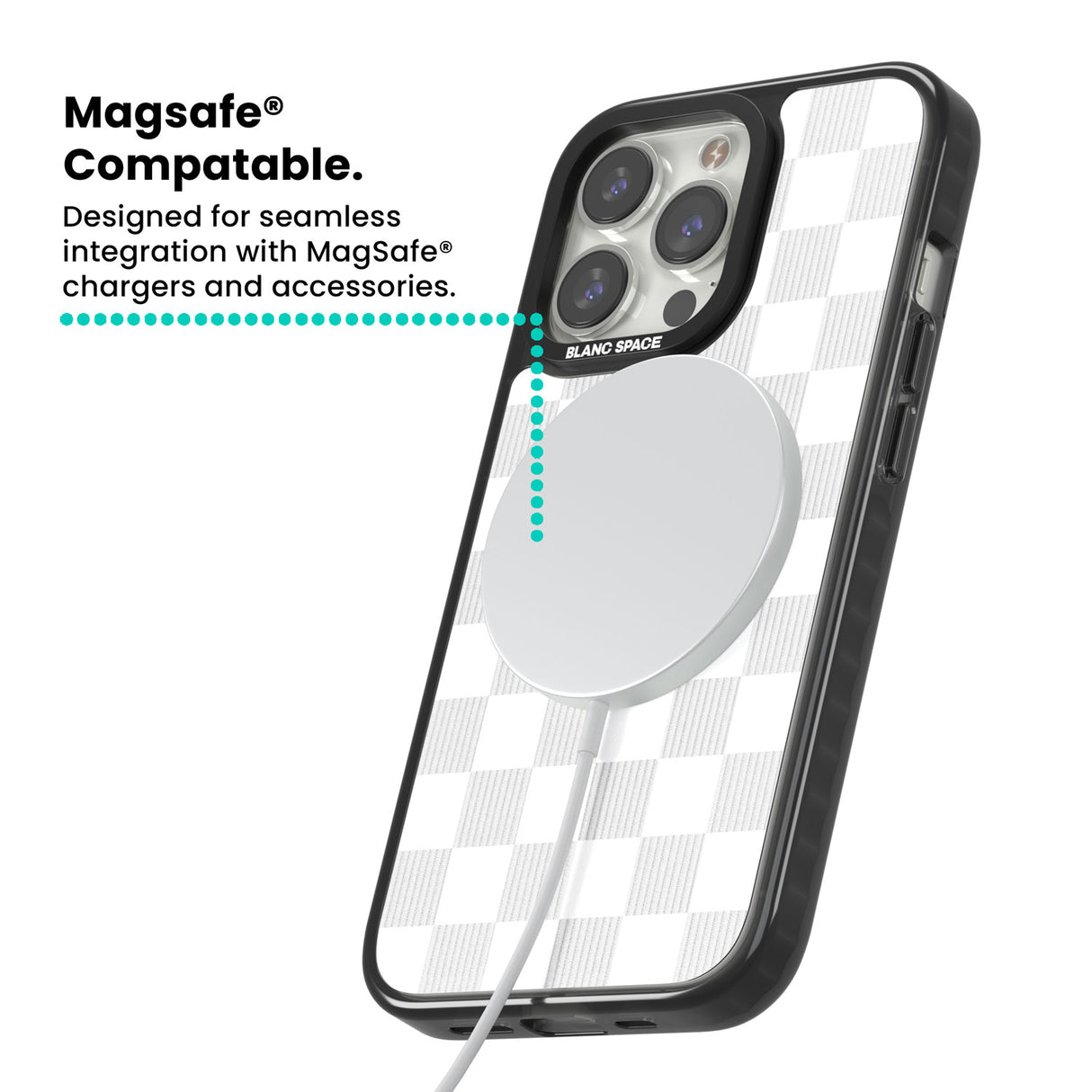 WHITE CHECKERED Magsafe Black Impact Phone Case for iPhone 13 Pro, iPhone 14 Pro, iPhone 15 Pro