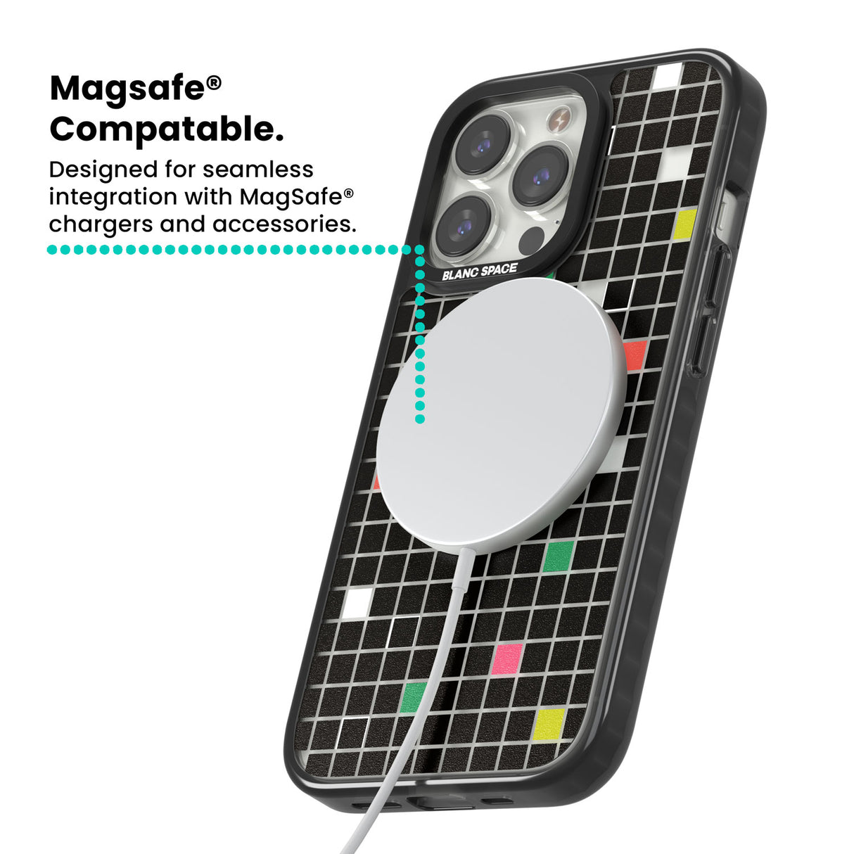 Vibrant Black Geometric Grid Magsafe Black Impact Phone Case for iPhone 13 Pro, iPhone 14 Pro, iPhone 15 Pro