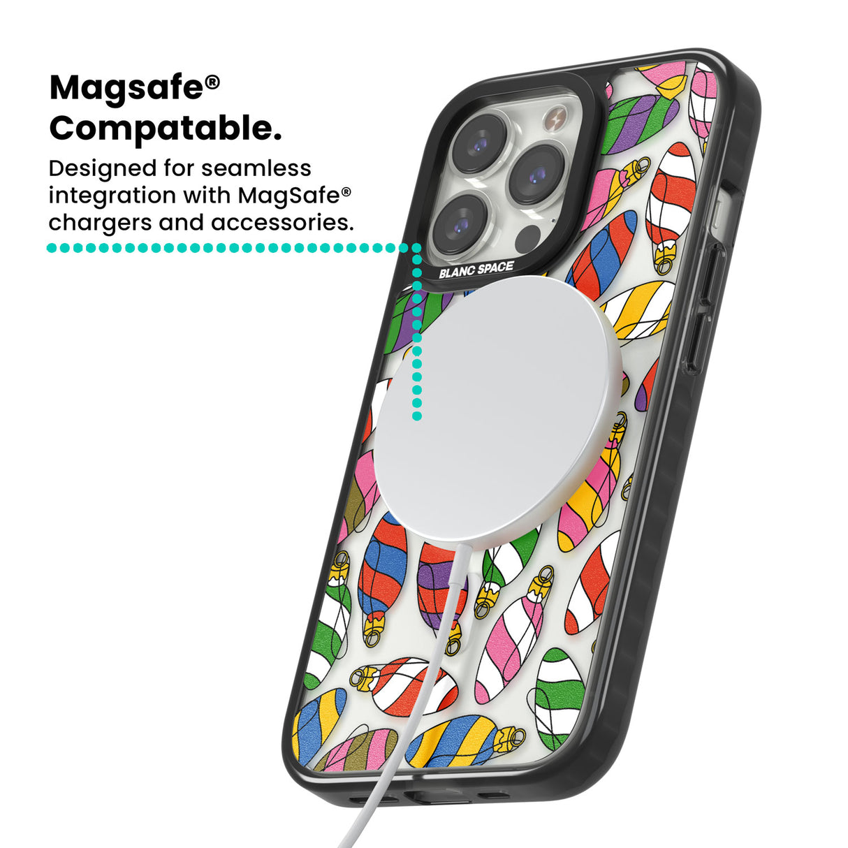 Colourful Holiday Ornaments Magsafe Black Impact Phone Case for iPhone 13 Pro, iPhone 14 Pro, iPhone 15 Pro