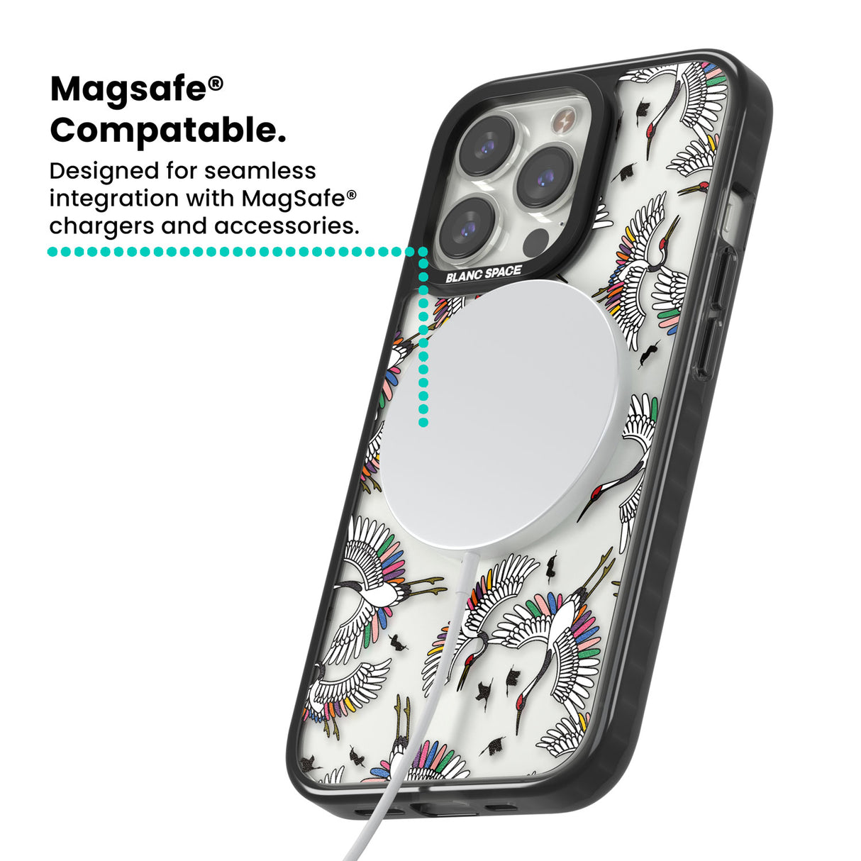 Colourful Crane Pattern Magsafe Black Impact Phone Case for iPhone 13 Pro, iPhone 14 Pro, iPhone 15 Pro