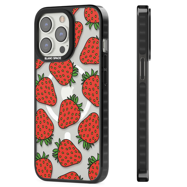 Strawberry Pattern Magsafe Black Impact Phone Case for iPhone 13 Pro, iPhone 14 Pro, iPhone 15 Pro