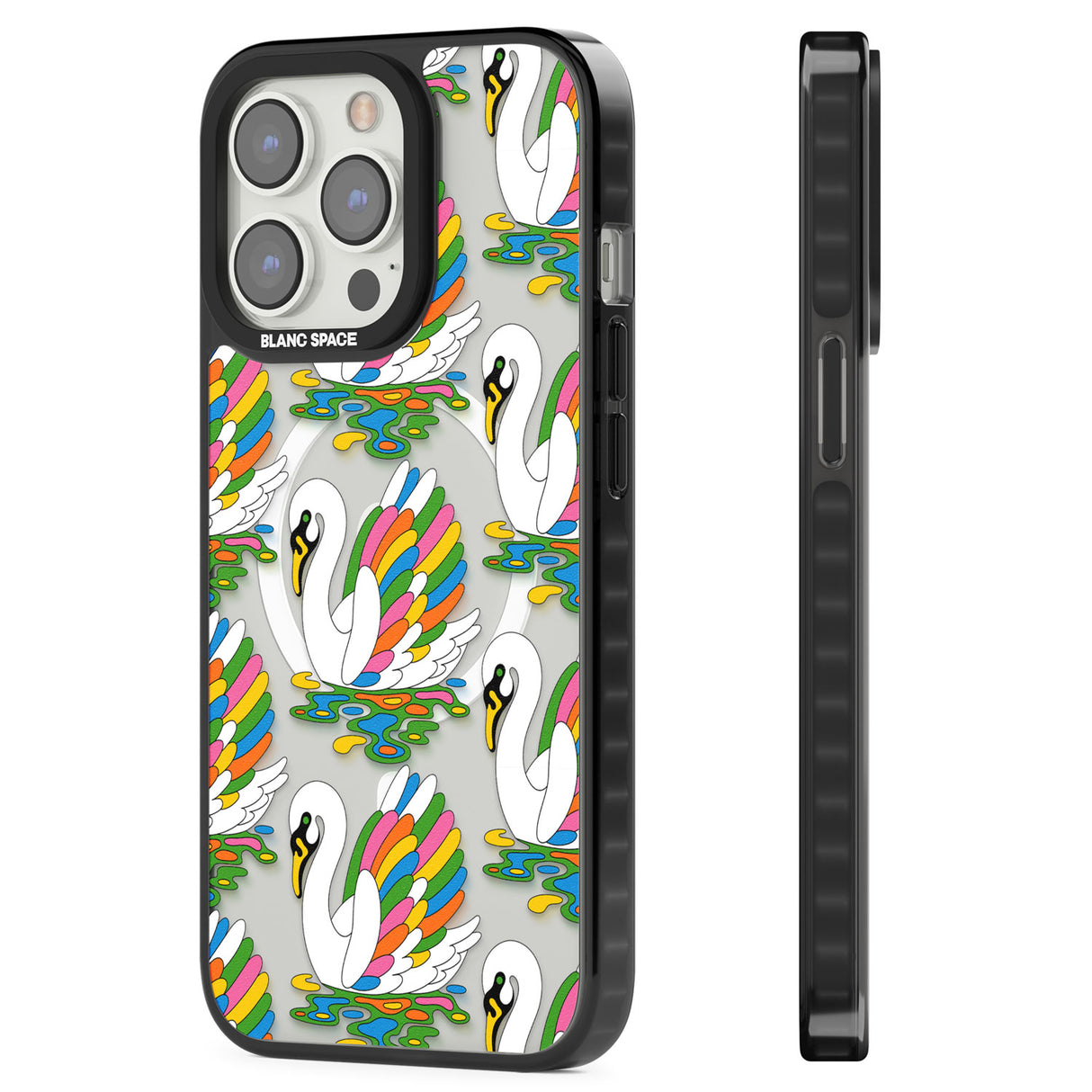 Colourful Swan Pattern Magsafe Black Impact Phone Case for iPhone 13 Pro, iPhone 14 Pro, iPhone 15 Pro