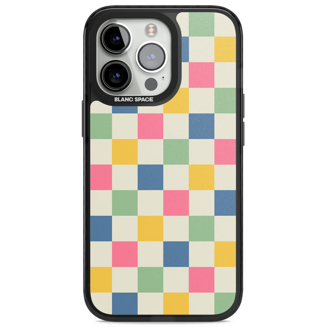 Pastel Multicolor Checkered Magsafe Black Impact Phone Case for iPhone 13 Pro, iPhone 14 Pro, iPhone 15 Pro