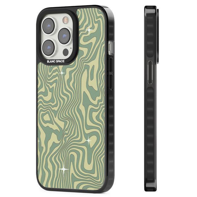 Green Abstract Wave Magsafe Black Impact Phone Case for iPhone 13 Pro, iPhone 14 Pro, iPhone 15 Pro