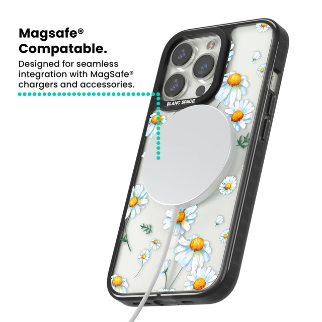 Vintage Painted Daisies Magsafe Black Impact Phone Case for iPhone 13 Pro, iPhone 14 Pro, iPhone 15 Pro