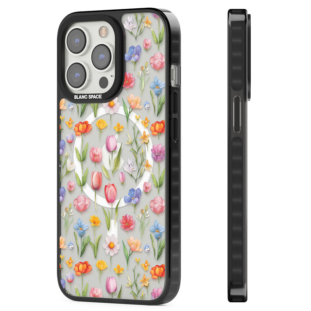 Small Flower Mix Magsafe Black Impact Phone Case for iPhone 13 Pro, iPhone 14 Pro, iPhone 15 Pro