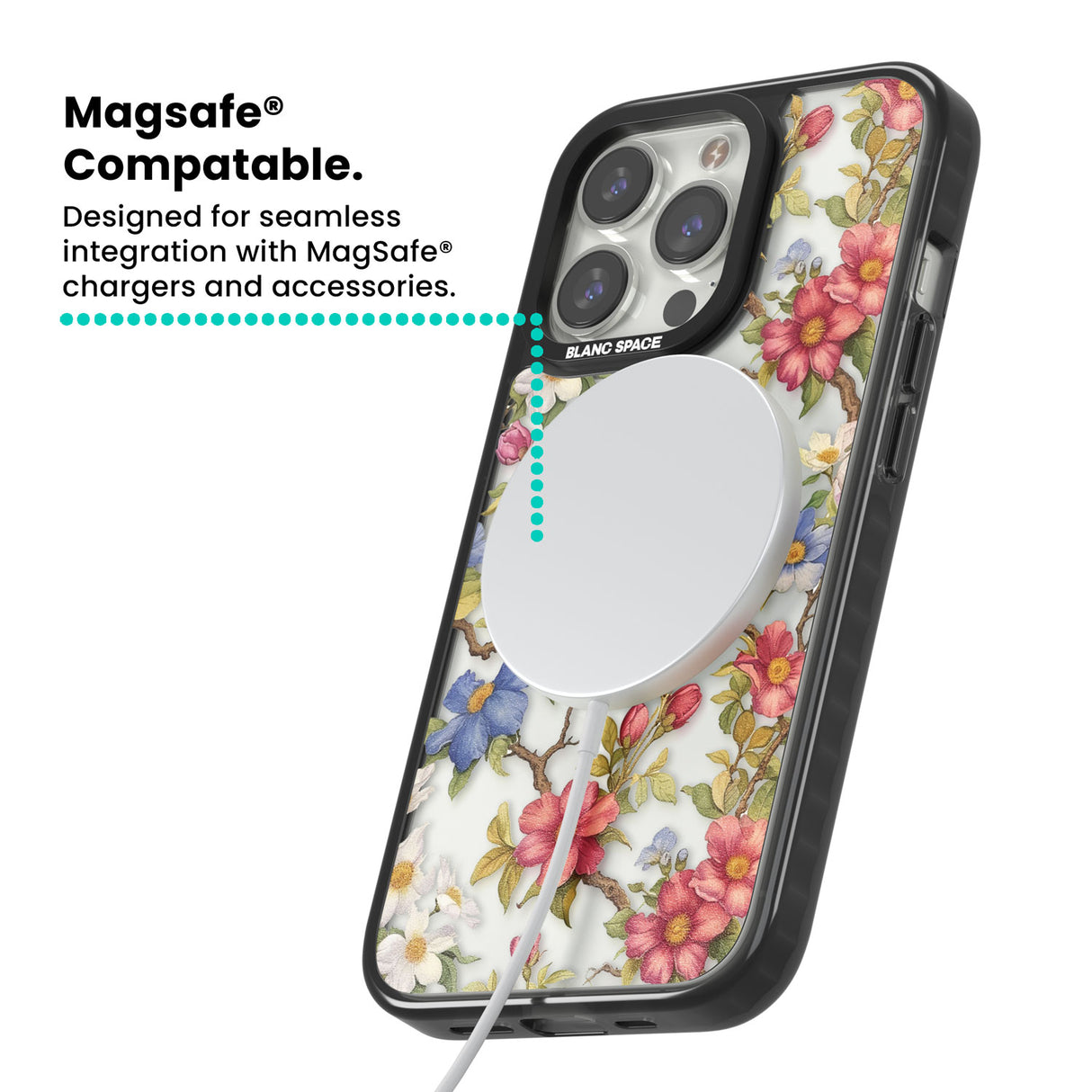 Vintage Vines & Flowers Magsafe Black Impact Phone Case for iPhone 13 Pro, iPhone 14 Pro, iPhone 15 Pro