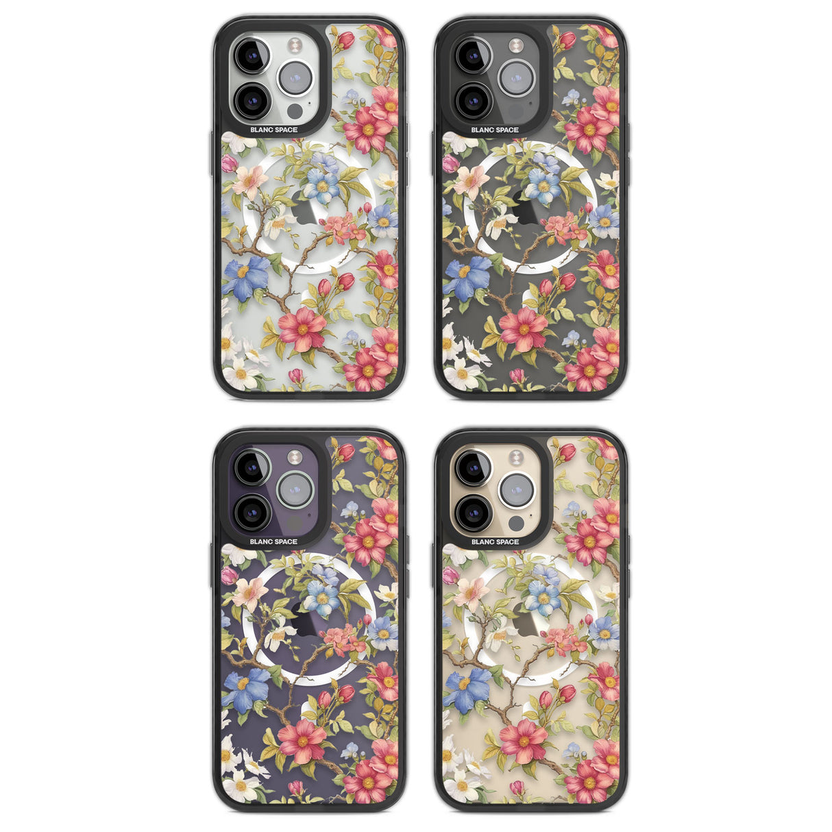 Vintage Vines & Flowers Magsafe Black Impact Phone Case for iPhone 13 Pro, iPhone 14 Pro, iPhone 15 Pro