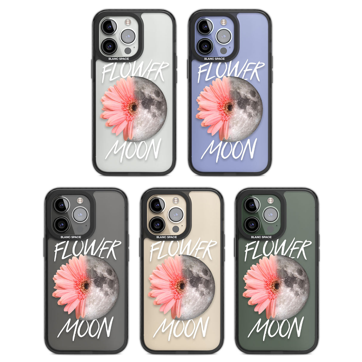 Flower Moon Black Impact Phone Case for iPhone 13 Pro, iPhone 14 Pro, iPhone 15 Pro