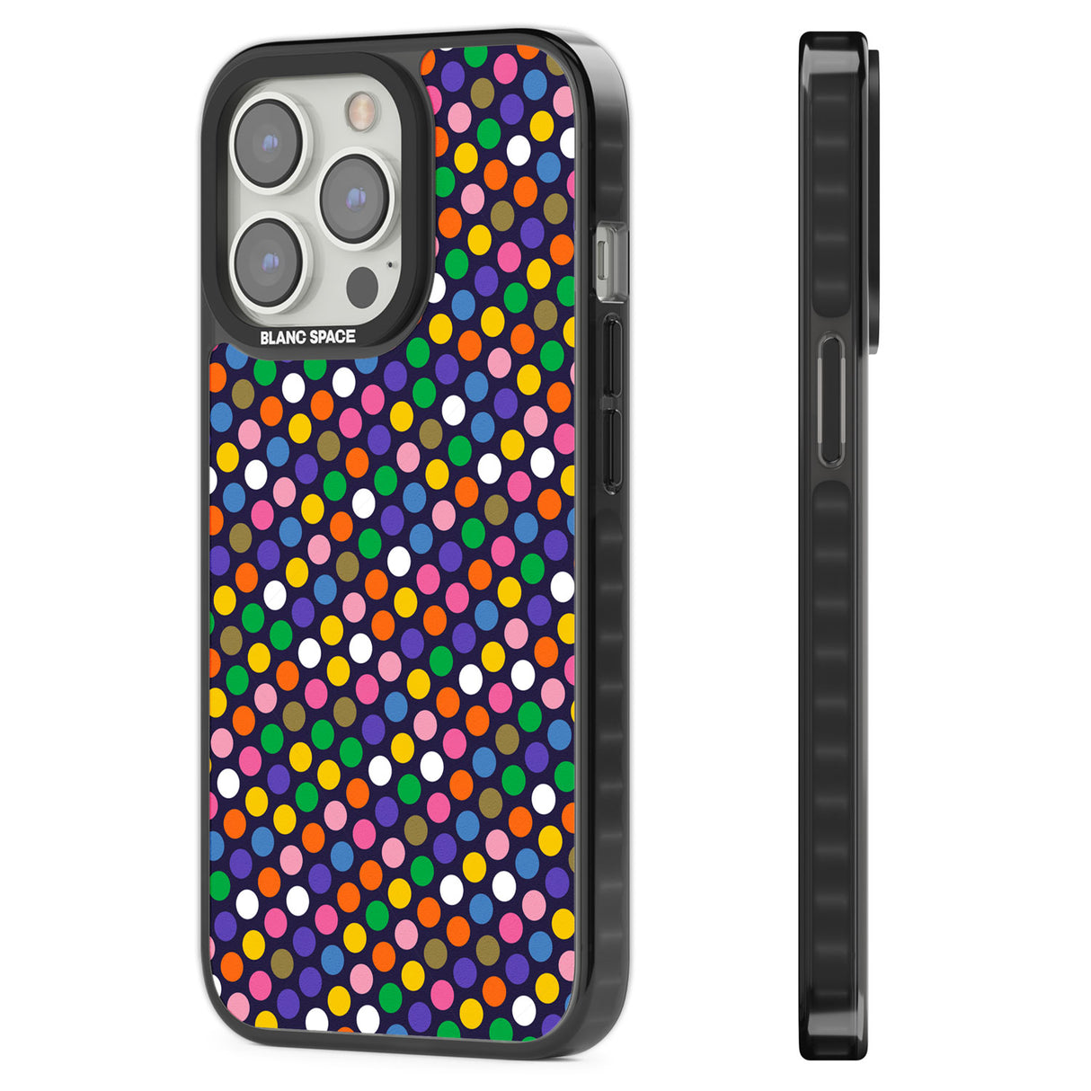 Multicolour Polka-dot Fiesta (Purple) Black Impact Phone Case for iPhone 13 Pro, iPhone 14 Pro, iPhone 15 Pro