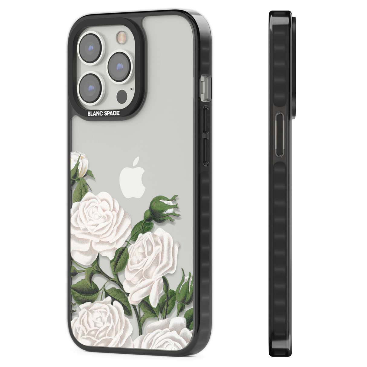 White Vintage Painted Flowers Black Impact Phone Case for iPhone 13 Pro, iPhone 14 Pro, iPhone 15 Pro