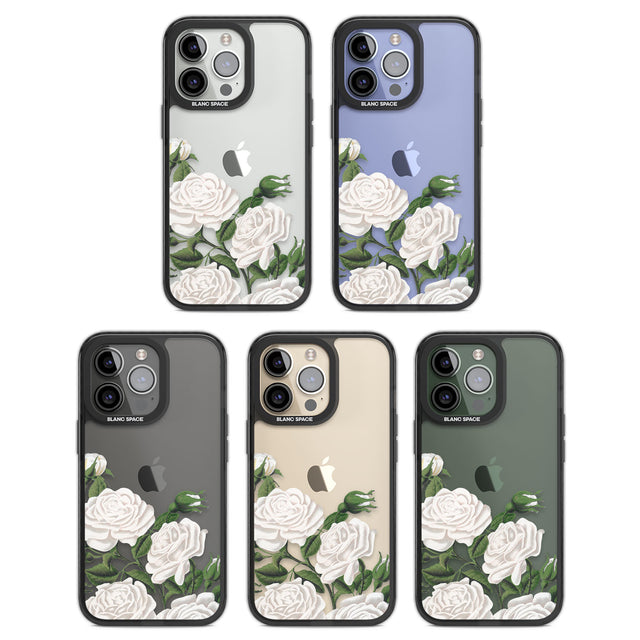 White Vintage Painted Flowers Black Impact Phone Case for iPhone 13 Pro, iPhone 14 Pro, iPhone 15 Pro