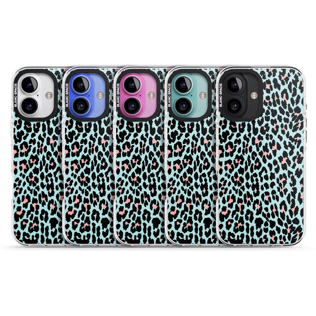 iPhone 16 Pro Max Light Pink on Blue Leopard Print Pattern Black Impact Phone Case