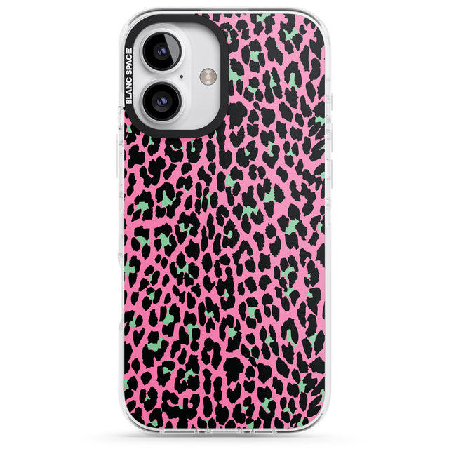 iPhone 16 Pro Max Green on Pink Leopard Print Pattern Black Impact Phone Case