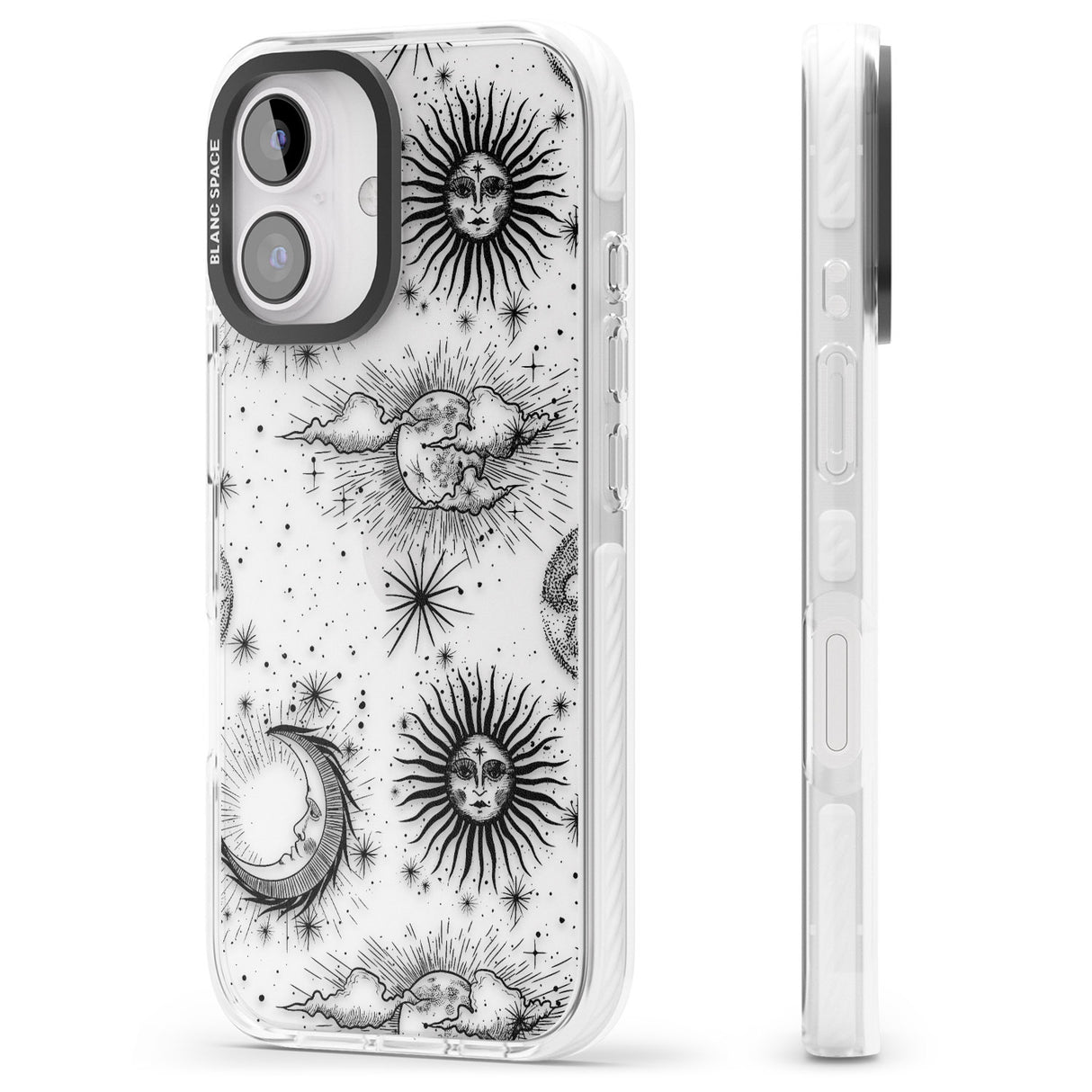 iPhone 16 Pro Max Transparent Suns, Moons & Clouds Black Impact Phone Case